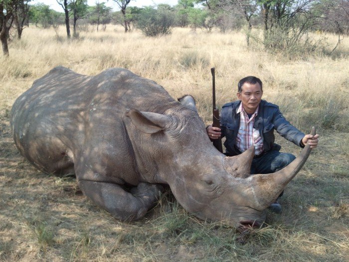 A key syndicate figure, Chumlong Lemtongthai, poses with the carcass of a rhino that he shot. The trophy was later shipped to Xaysavang Trading in Laos. Chumlong is currently serving a 30 year prison sentence in South Africa. 