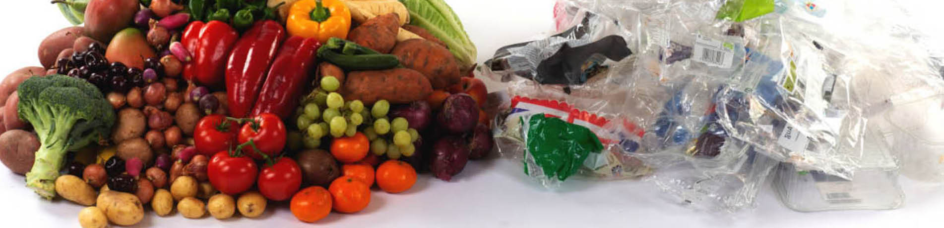 Fruit and vegetables from a supermarket with associated plastic waste