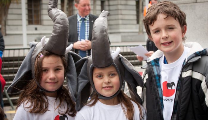 School children at Parliament Buildings during the International March for Elephants in 2013, Wellington, New Zealand (c) Shane Bayley