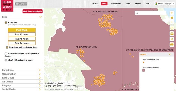 Screen grab of hotspots in Asia Pulp and Paper supplier PT Bumi Mekar Hijau, via fires.globalforestwatch.org