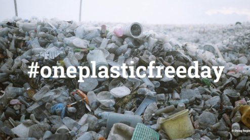 A pile of plastic waste with the hashtag 'oneplasticfreeday'